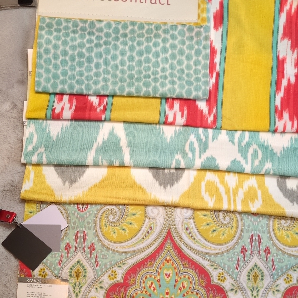 Coordinating Fabric Swatches in Aqua, Yellow, White and Red